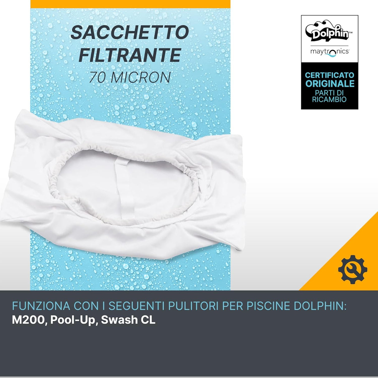 Sacchetto filtro 70 micron bianco per robot piscina Dolphin, su sfondo blu con gocce d'acqua.