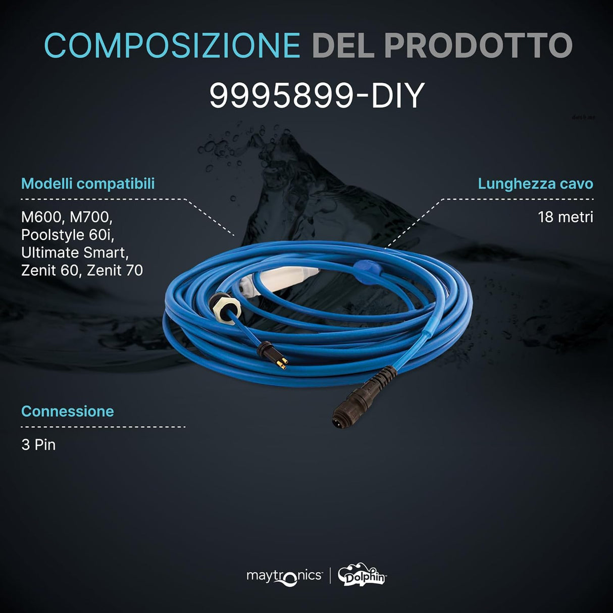 Cavo galleggiante blu 18m con connettori 3 pin per robot piscina Maytronics Dolphin, modello 9995899-DIY.