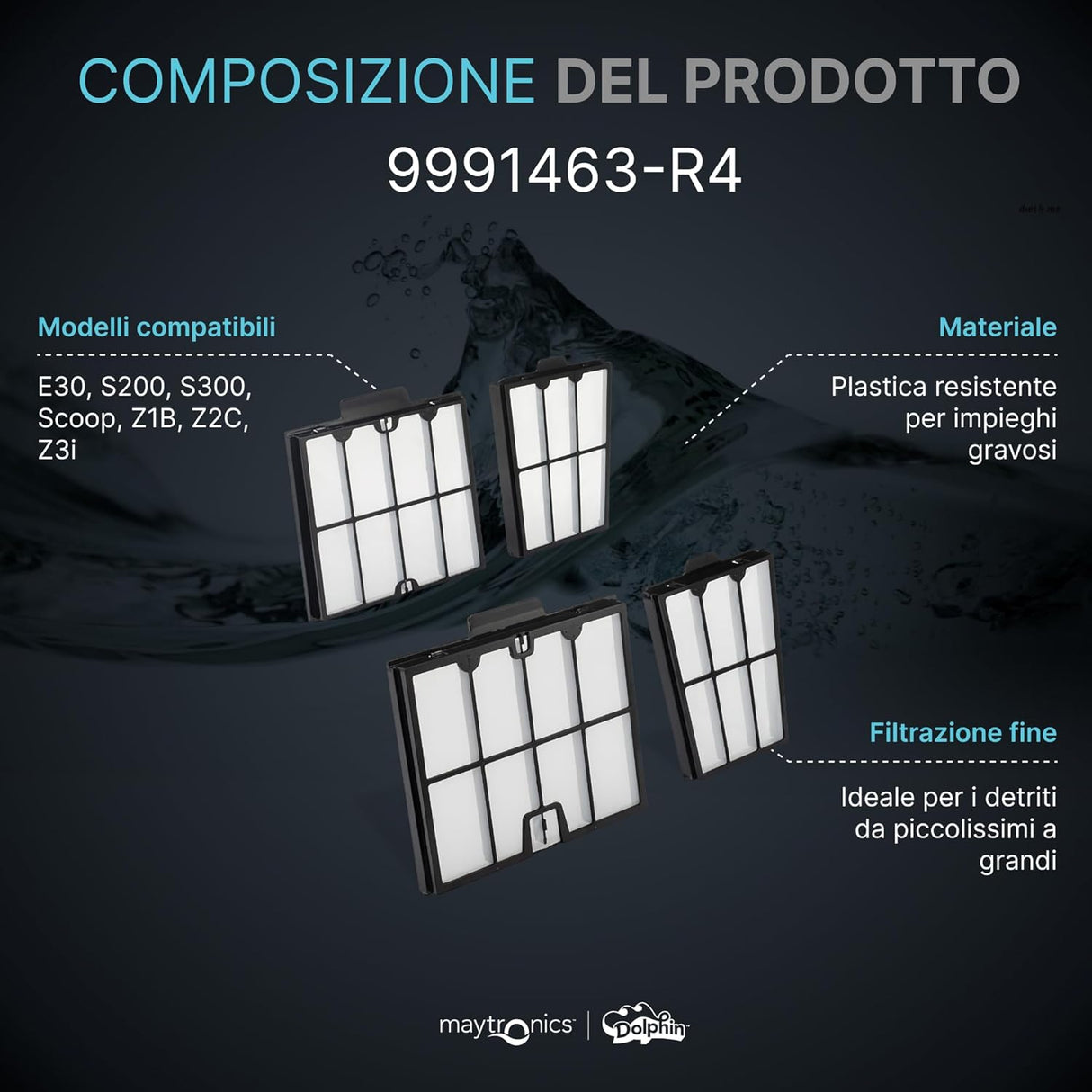 Cartucce filtro 100 micron per robot piscina Maytronics Dolphin, compatibili con vari modelli, in plastica resistente.