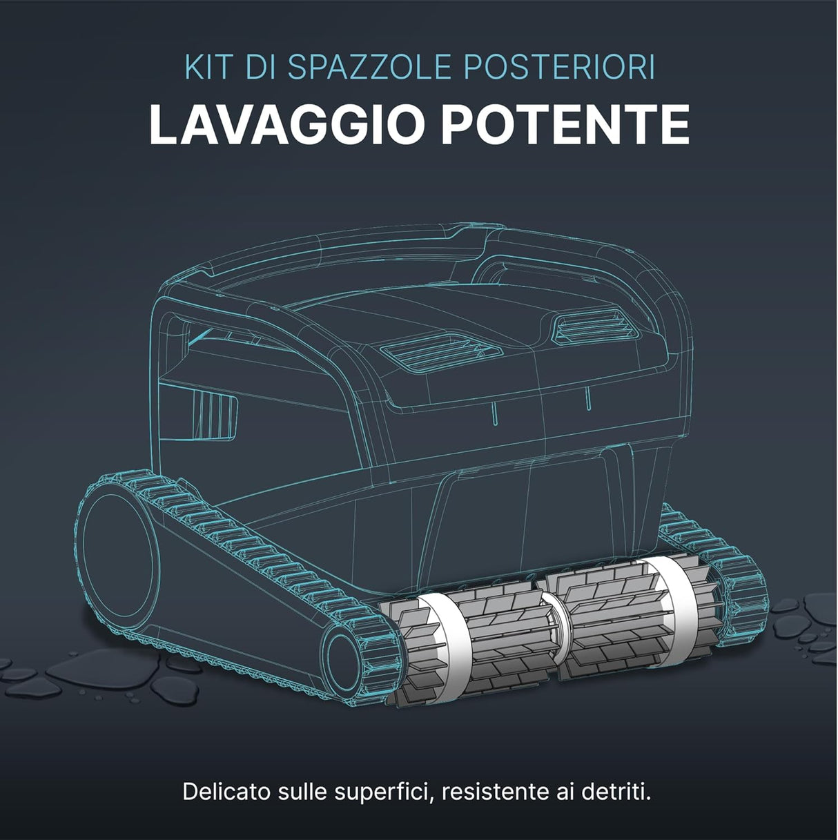 Spazzole posteriori termofuse per robot piscina Maytronic Dolphin, evidenziate in un disegno tecnico.