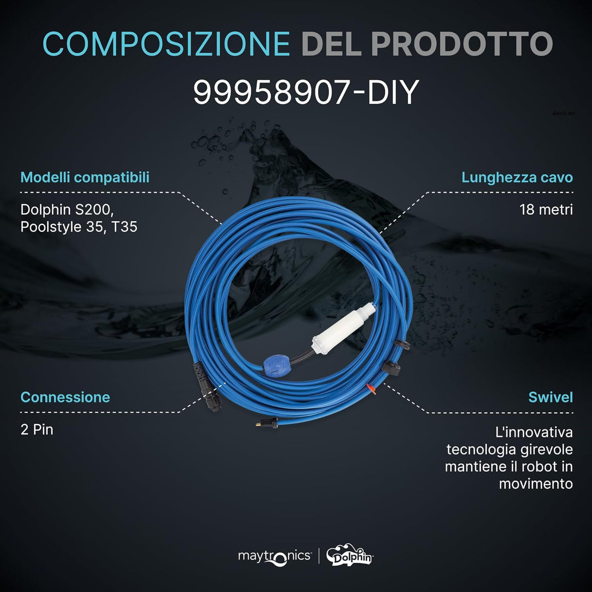 Cavo galleggiante blu 18 m con swivel e connettori a 2 pin per robot piscina Maytronics compatibili.