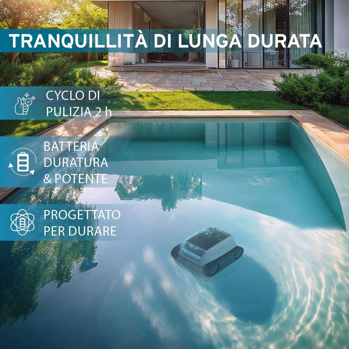 Robot Zodiac Freedom OF 42 iQ in piscina, circondato da giardino e casa moderna, in funzione.