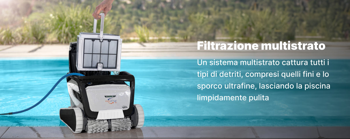 Robot piscina Dolphin Poolstyle 60i a bordo piscina, con filtro multistrato in evidenza.