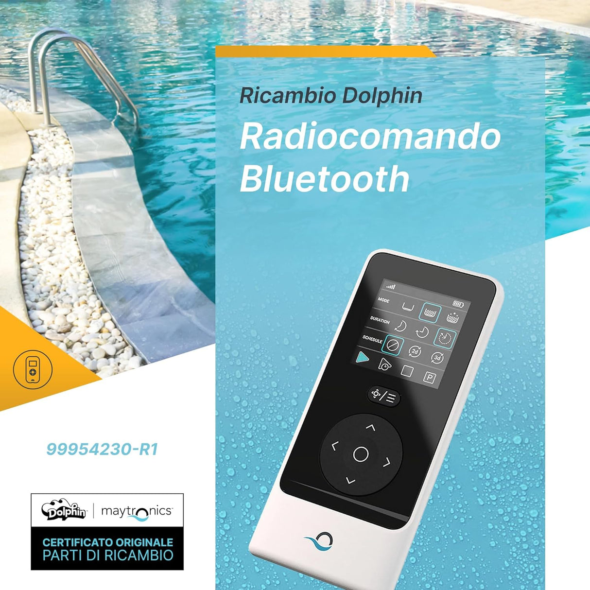 Radiocomando Bluetooth per robot piscina Dolphin, vicino a bordo piscina con ciottoli bianchi.