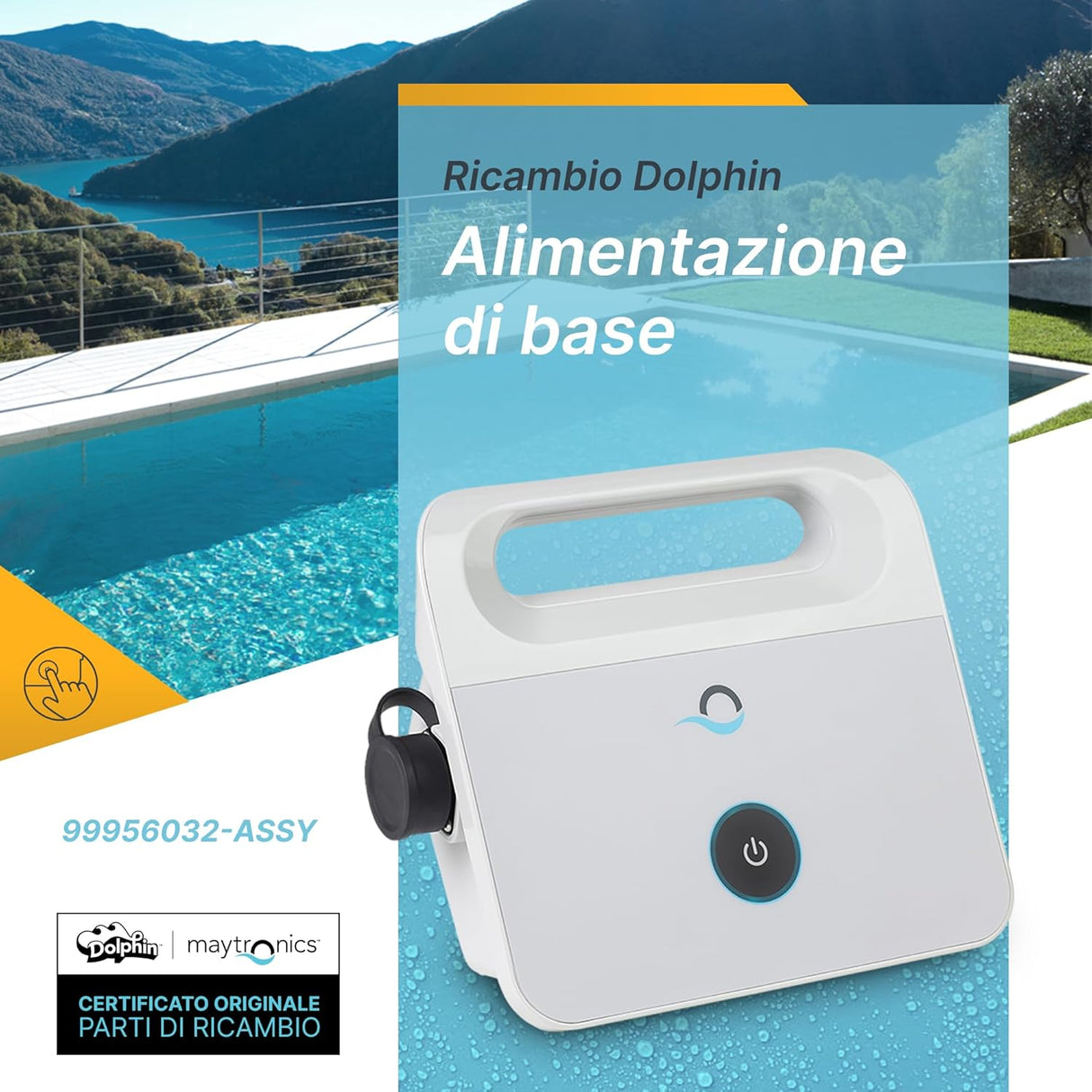 Trasformatore alimentatore per robot piscina Dolphin, modello 99956032-ASSY, su sfondo piscina.