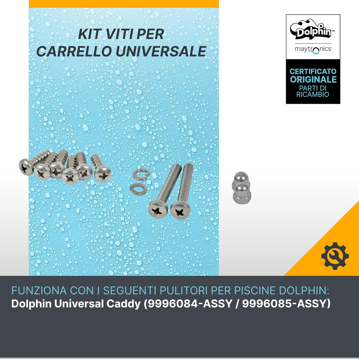 Kit viti per carrello Maytronics Dolphin, include viti e rondelle su sfondo blu con gocce d'acqua.