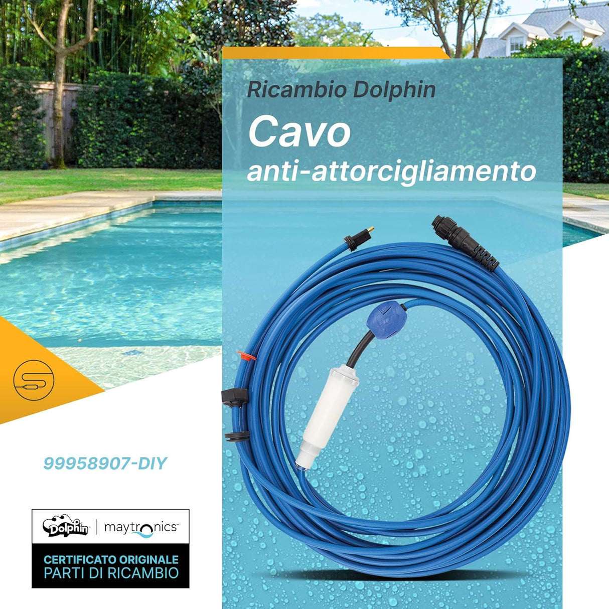 Cavo galleggiante blu 18m con swivel per robot piscina Dolphin, mostrato vicino a una piscina.