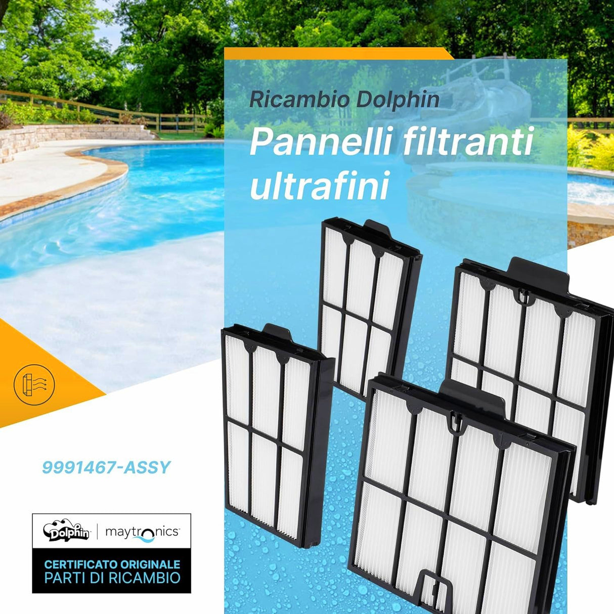 Cartucce filtro 50 micron per robot piscina Maytronics Dolphin, sfondo piscina e alberi.