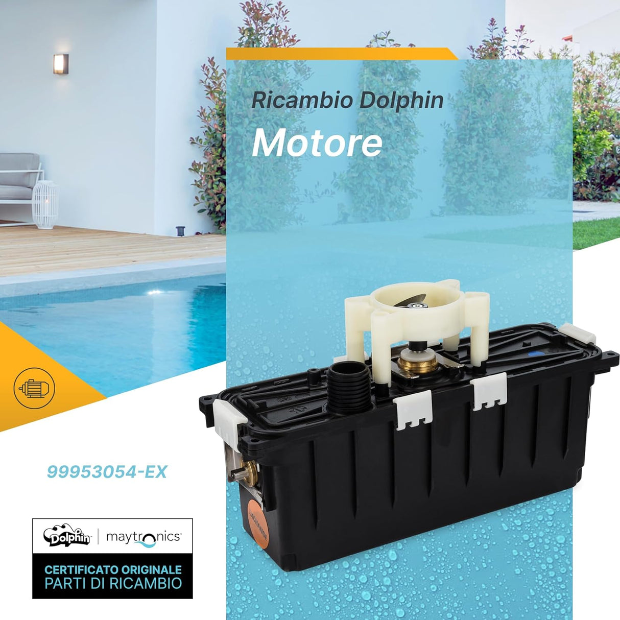 Box motore con centralina per robot piscina Maytronics Dolphin, modello 99953054-EX, bordo piscina.