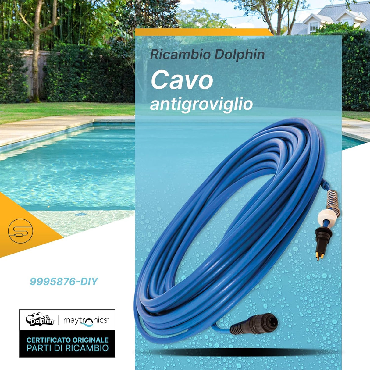 Cavo galleggiante blu 18m con connettori per robot piscina Maytronics Dolphin, vista a bordo piscina.