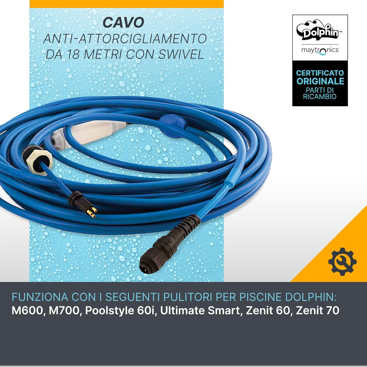 Cavo galleggiante blu 18 metri con swivel, connettori per robot piscina Maytronics Dolphin vari modelli.