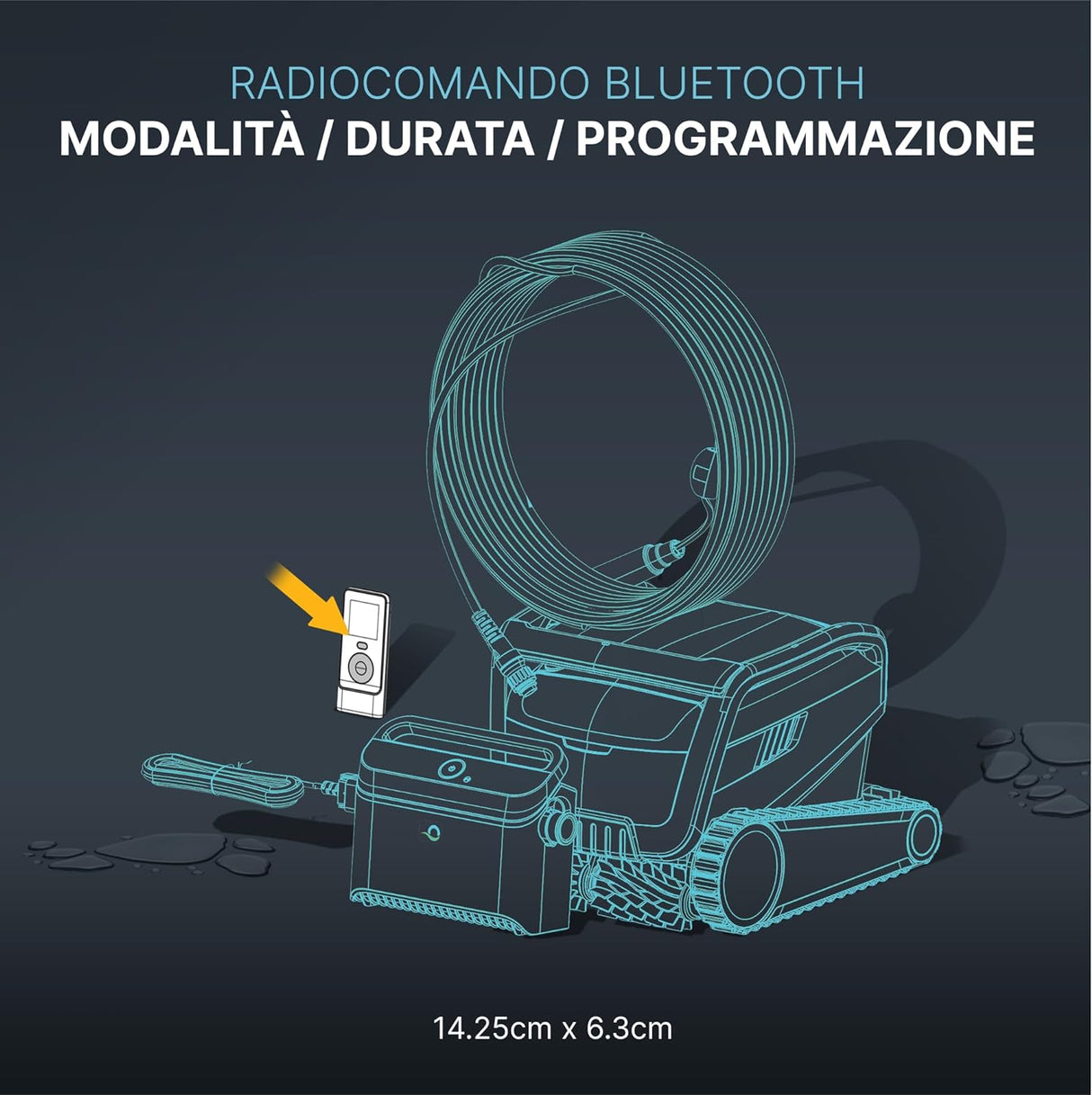 Radiocomando Bluetooth per robot piscina Maytronics Dolphin, accanto a un'illustrazione tecnica.