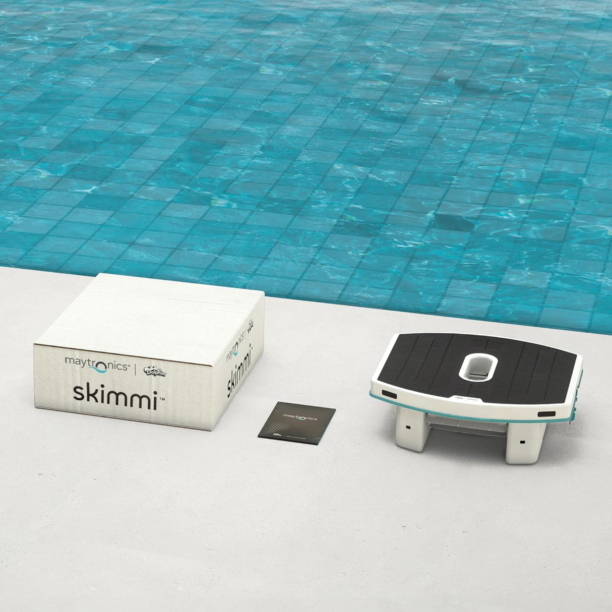 Robot Dolphin Skimmi a bordo piscina con confezione e manuale, pronto per l'uso.