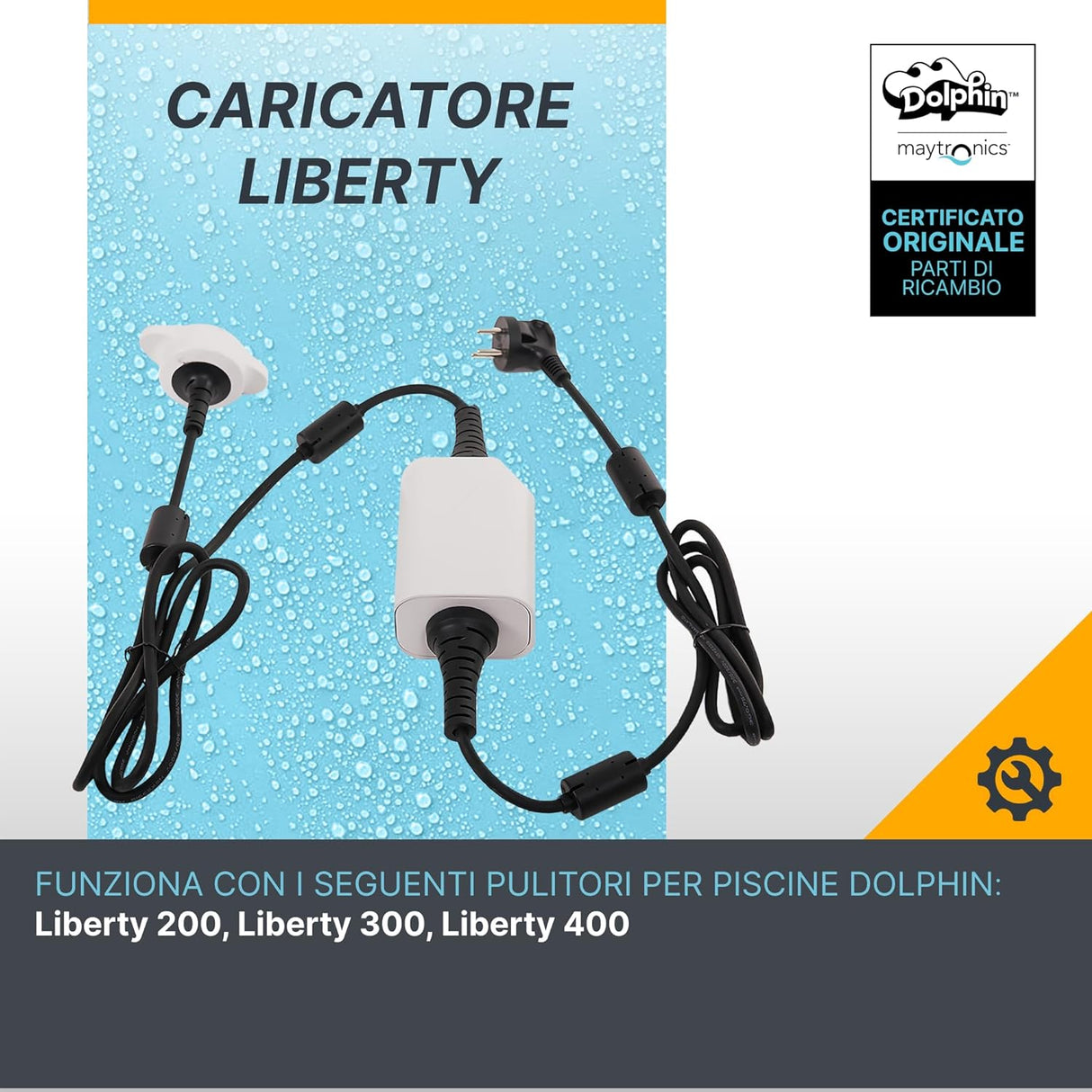 Caricabatterie per robot piscina Dolphin Liberty 200, 300, 400 su sfondo blu con gocce d'acqua.