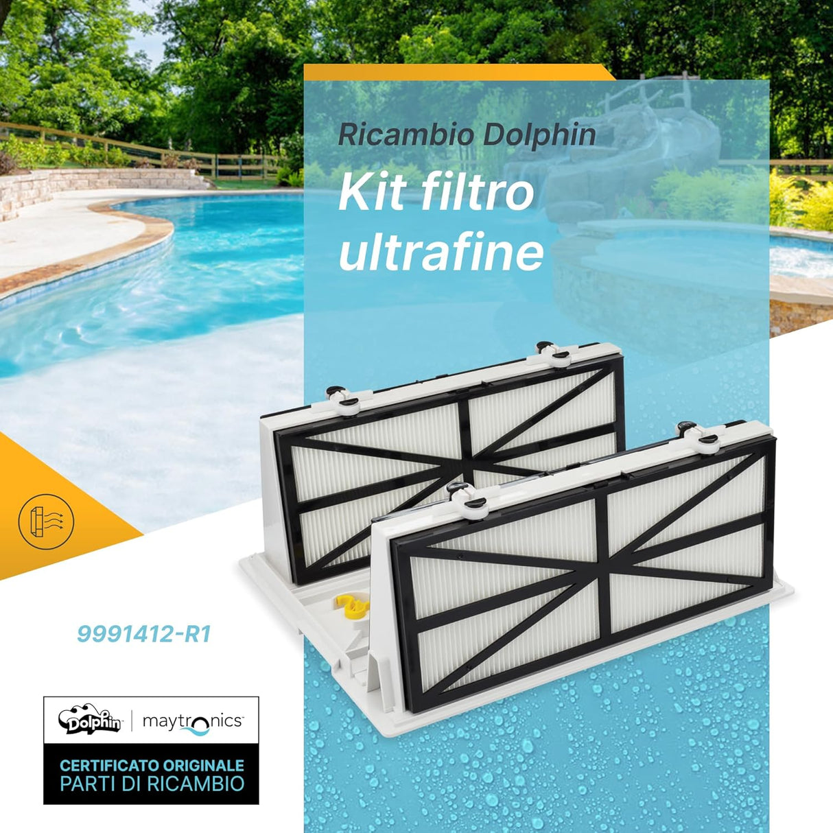 Supporto telaio con 4 cartucce filtro 50 micron per robot Maytronics Dolphin, bordo piscina.