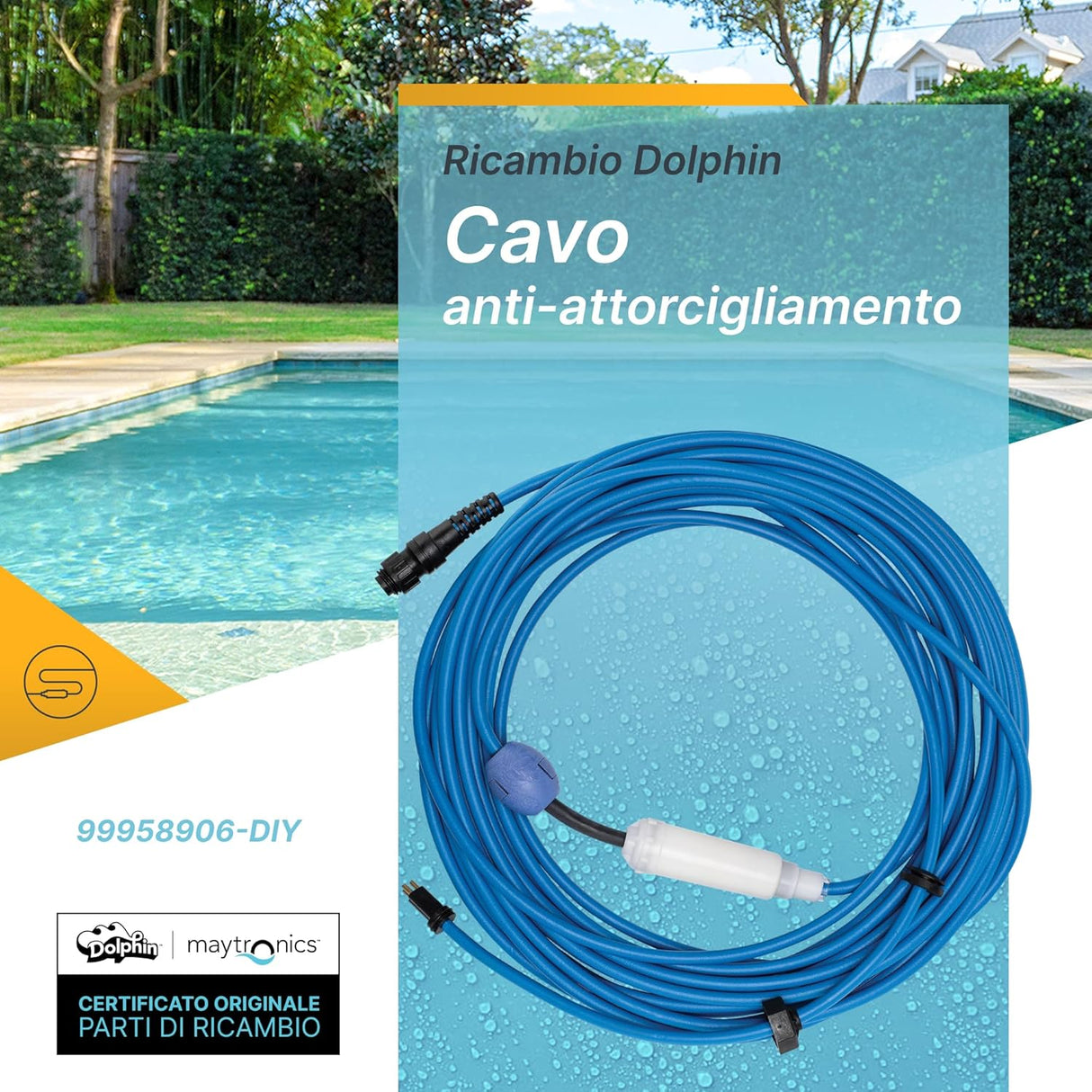 Cavo galleggiante blu 18 m per robot piscina Maytronics Dolphin, anti-attorcigliamento, bordo piscina.