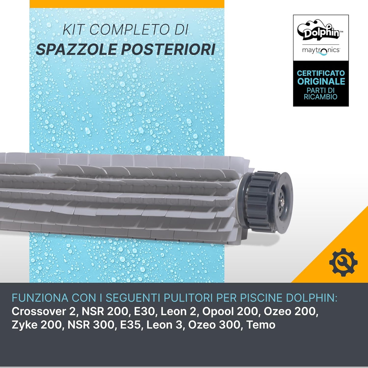 Spazzola PVC posteriore lunga per robot piscina Dolphin, mostrata su sfondo blu con gocce d'acqua.