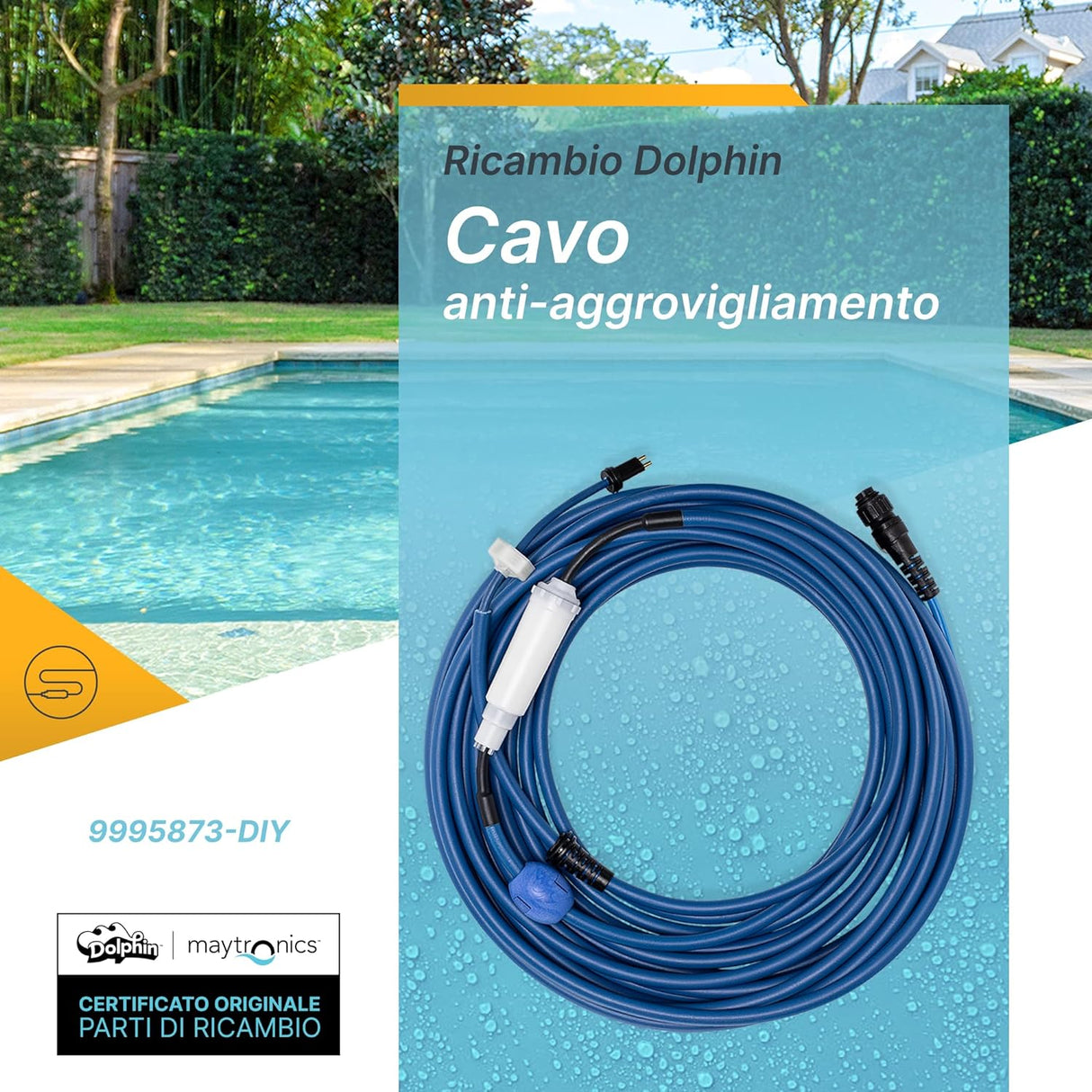 Cavo galleggiante blu 18m con swivel per robot piscina Maytronics Dolphin, bordo piscina sullo sfondo.
