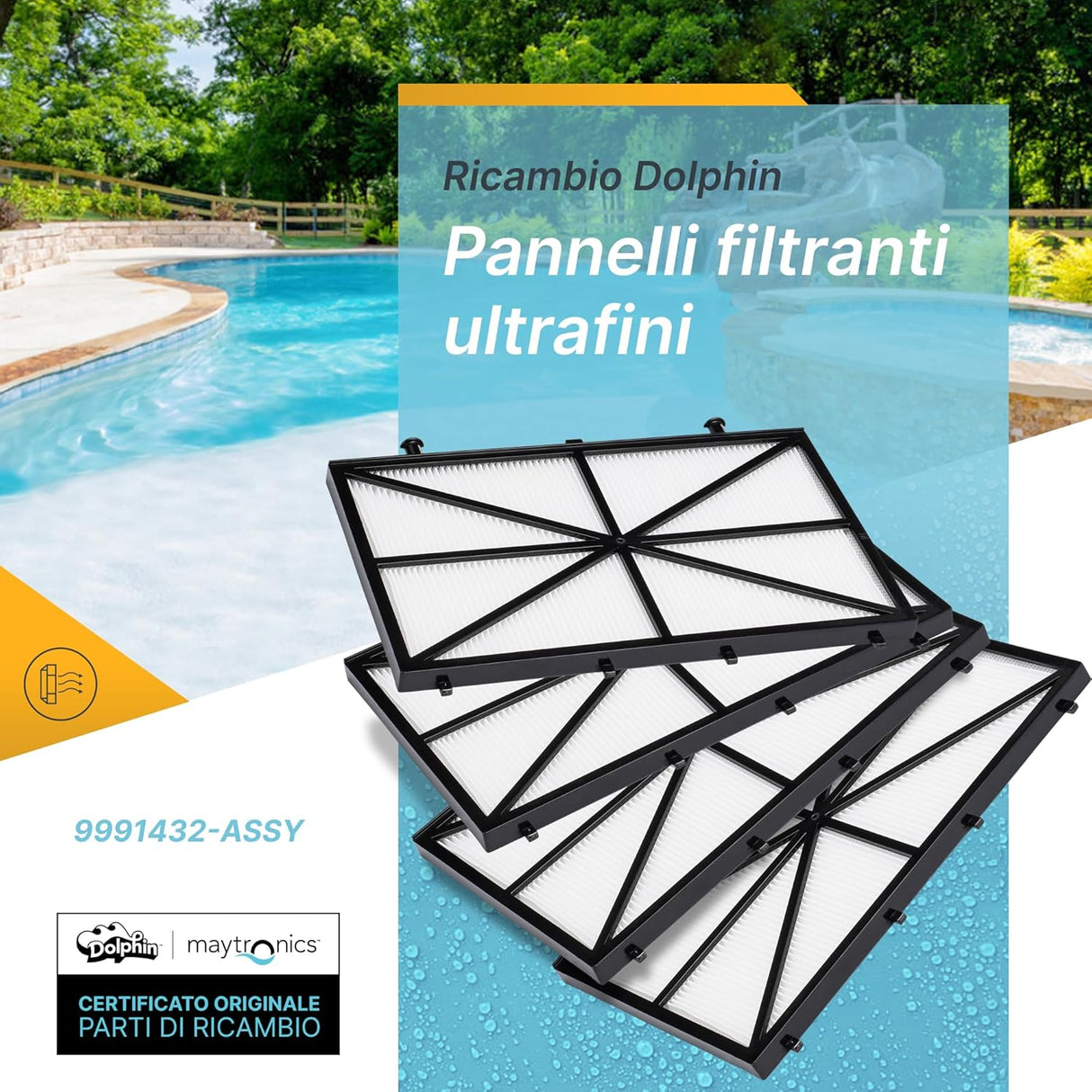 Cartucce filtro a trama fine 50 micron per robot piscina Dolphin su sfondo piscina.