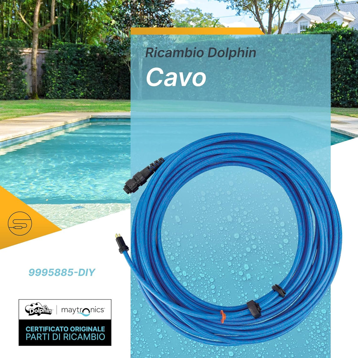 Cavo galleggiante blu 18 m con connettori per robot piscina Maytronics Dolphin, sullo sfondo di una piscina.