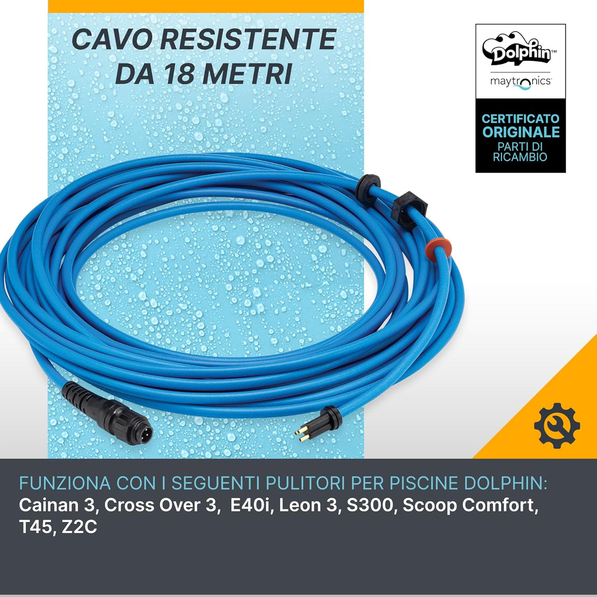 Cavo galleggiante blu 18 metri con connettori per robot piscina Maytronics Dolphin, su sfondo con gocce d'acqua.
