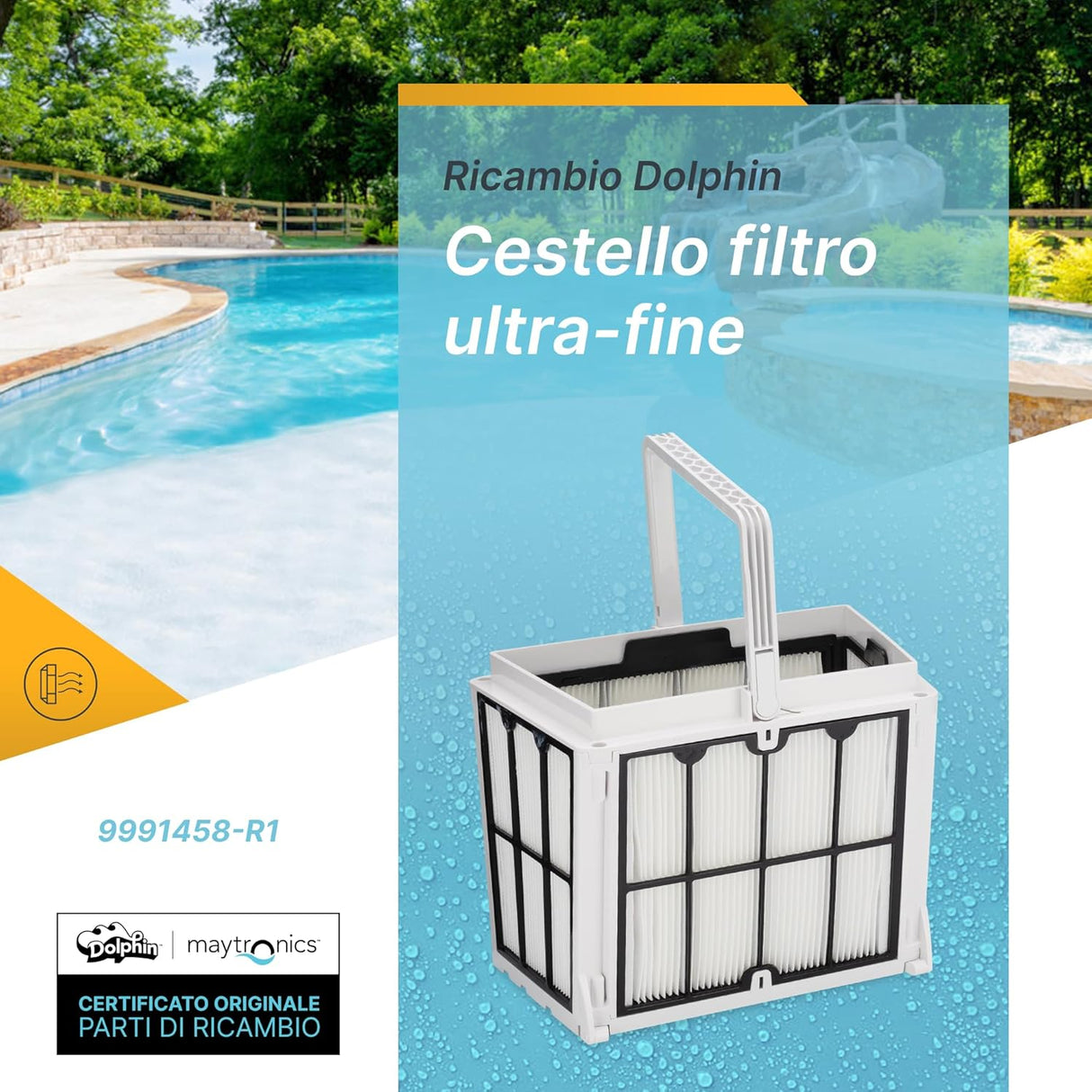Cestello filtro ultra-fine per robot piscina Maytronics Dolphin, sfondo piscina all'aperto.