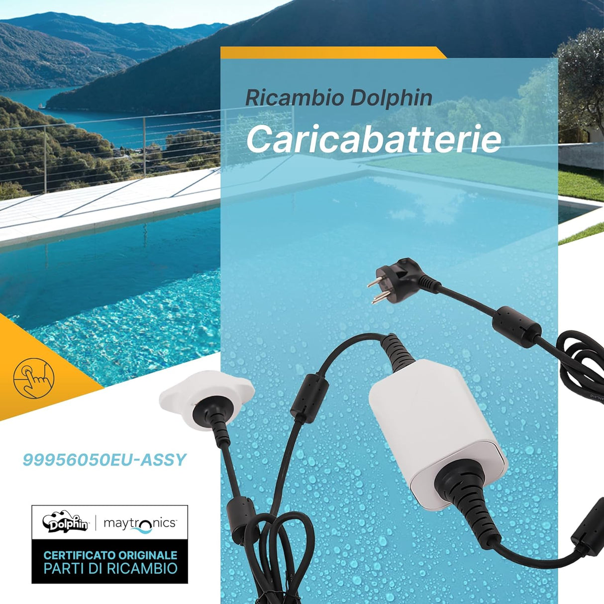 Caricabatterie per robot piscina Dolphin Liberty 200-400, sfondo piscina e montagne.