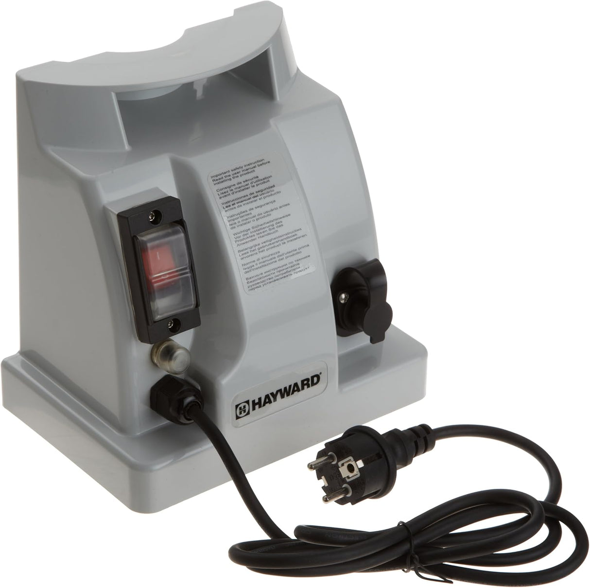 Trasformatore grigio per robot piscina Hayward con cavo e interruttore visibili.