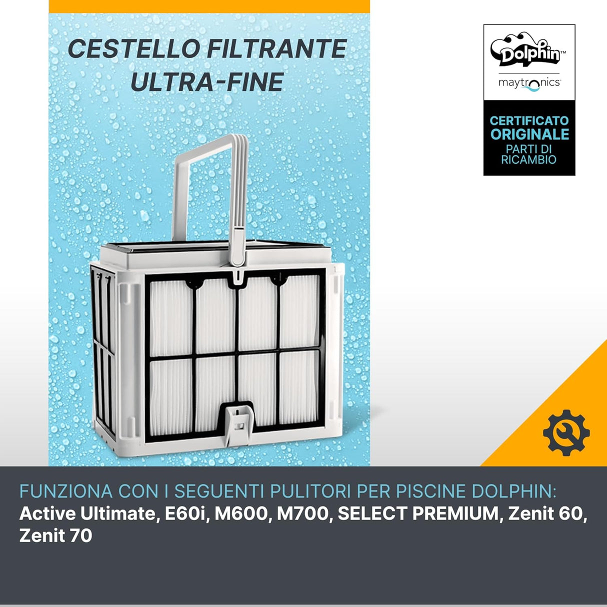 Cestello filtrante grande 50 micron per robot piscina Maytronics Dolphin, con extra guarnizione.