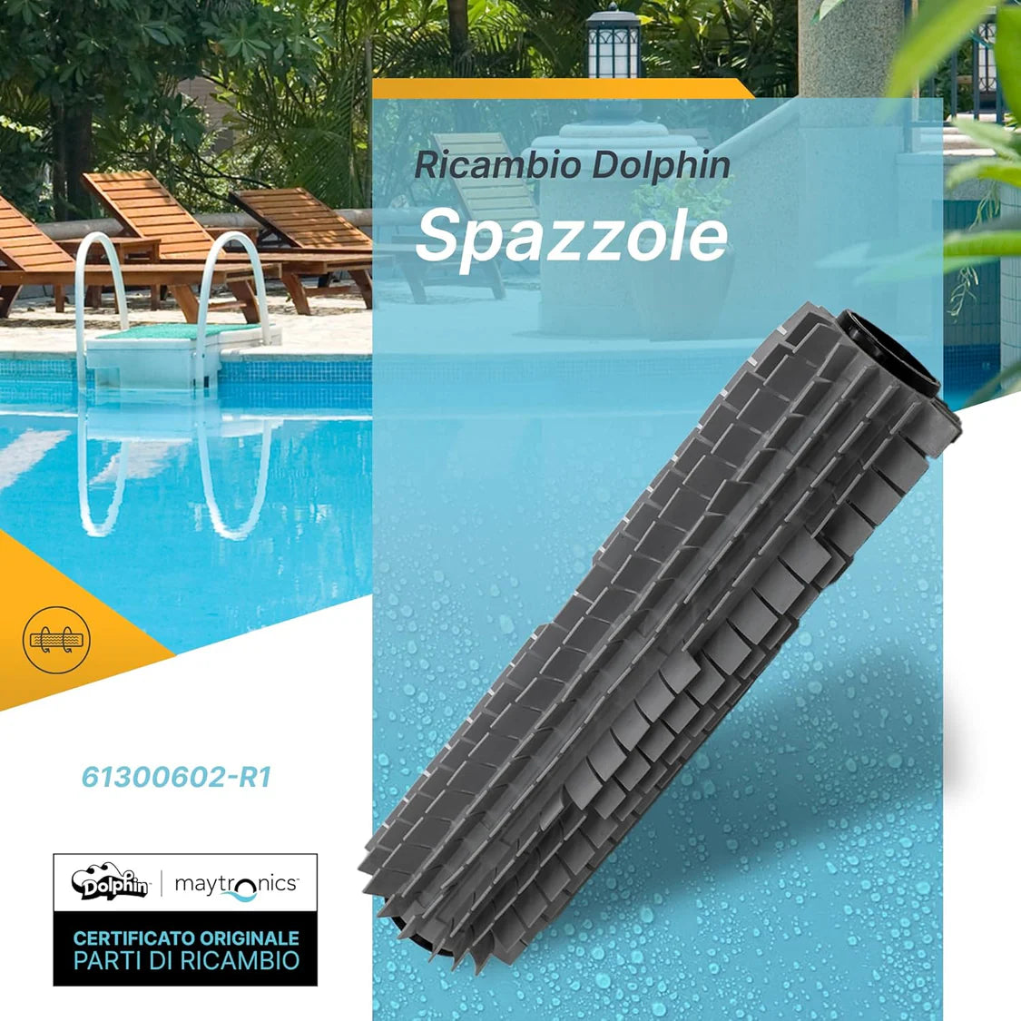 Spazzola PVC Anteriore Attiva su Rullo Robot Piscina Maytronics Dolphin Serie E / S / Z / SX / Mr / SM / Run / SL / Super / Poolstyle / My Zefiro / Wolly / Busatta / Liberty / 61300602-R1 - 9995544-ASSY - 9995551-ASSY