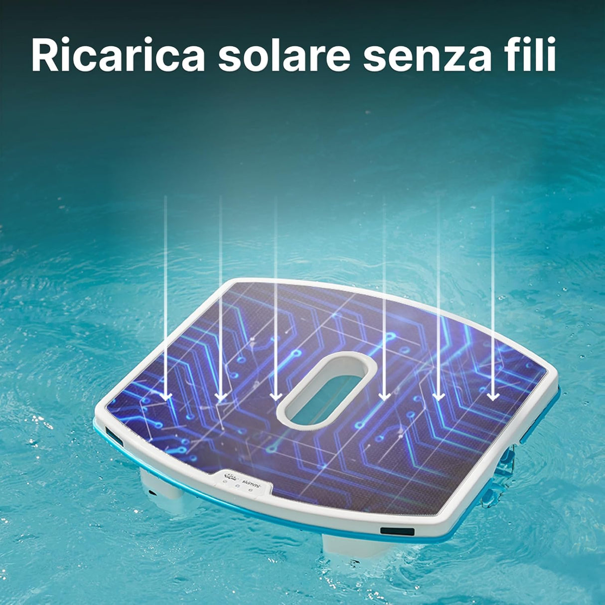 Robot piscina Dolphin Skimmi su acqua, ricarica solare wireless, sensori intelligenti.