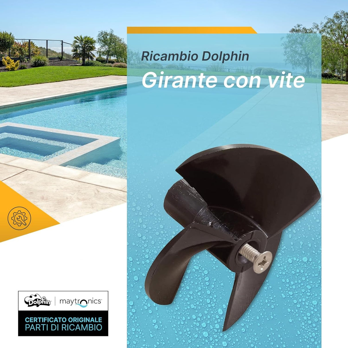 Ventola elica nera con vite per robot piscina Maytronics Dolphin, vista in dettaglio su sfondo piscina.