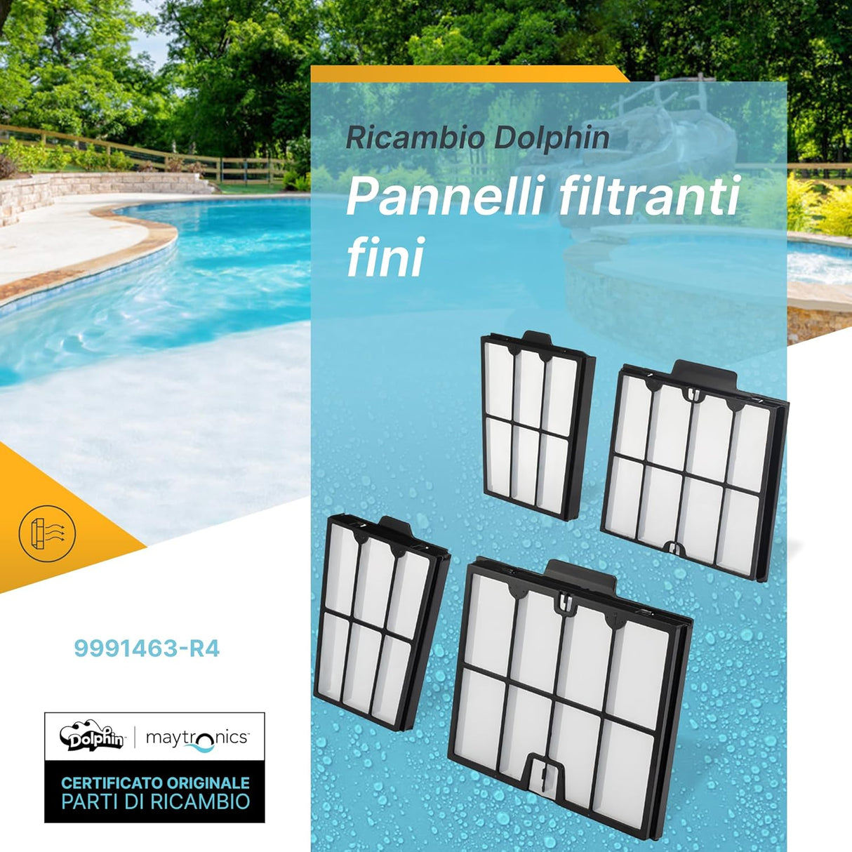Cartucce filtro 100 micron per robot piscina Maytronics Dolphin, modello Poolstyle e altri, su sfondo piscina.
