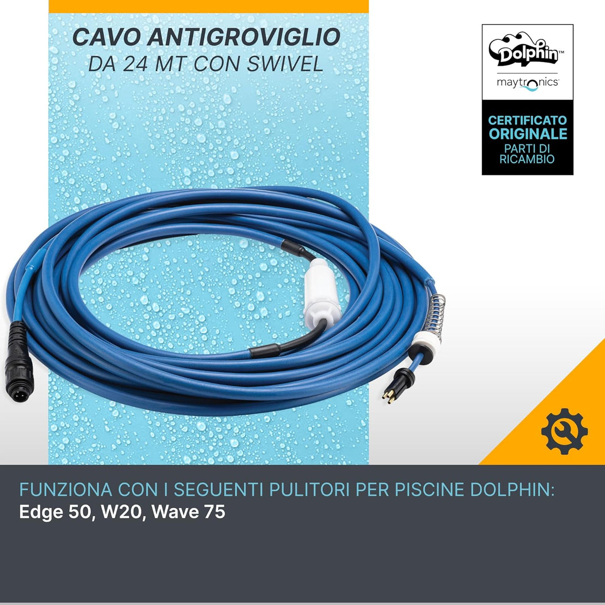 Cavo galleggiante blu 18 m con swivel e connettori per robot piscina Dolphin W20, Edge 50, Wave 75.