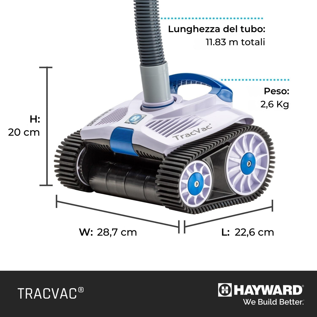 Robot piscina Hayward TracVac idraulico, dimensioni e peso mostrati, adatto per pulizia completa piscine.