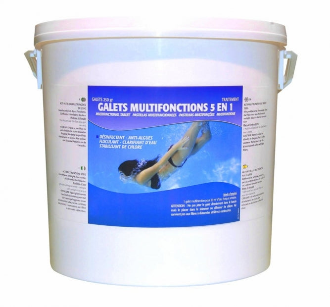 Multifunzione in Pastiglie da 250 Gr - 5 Azioni - Flocculante + Antialghe + Cloro + Chiarificante da Kg. 5 - Prodotto Chimico per Piscina - Alta Qualità Francese