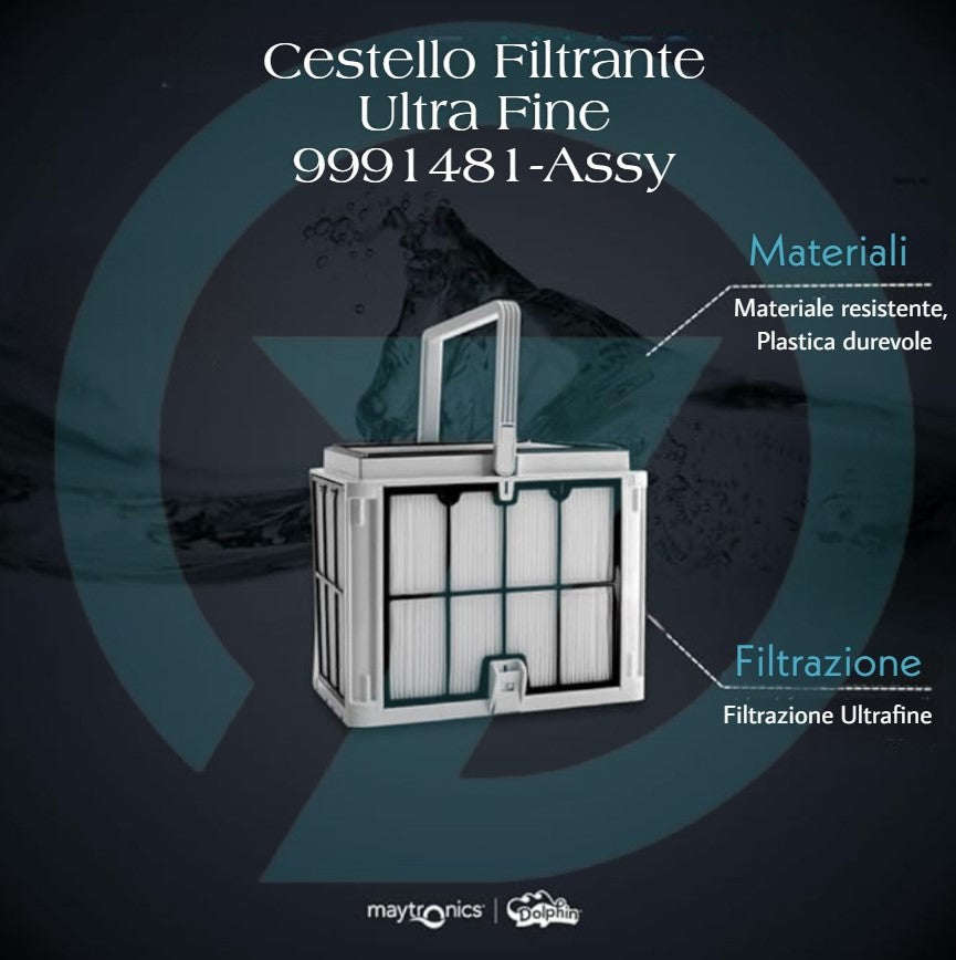 Cestello filtrante ultrafine 50 micron per robot piscina Maytronics, con maniglia e struttura robusta.