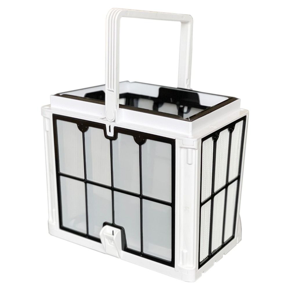 Cestello filtrante bianco e nero per robot piscina Maytronics Dolphin, con maniglia e griglia visibile.