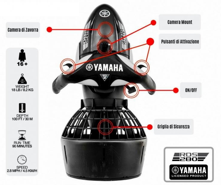 Acquascooter Seascooter Yamaha RDS280 a Batteria - Propulsore Subacqueo - Km/h 4,5 - Profondità Mt 30