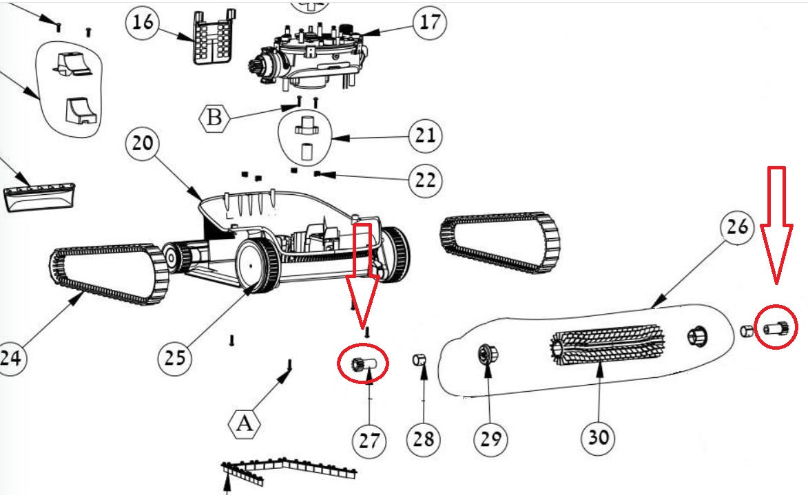 Ingranaggio spazzola attiva anteriore per robot piscina Maytronics Dolphin, schema tecnico dettagliato.
