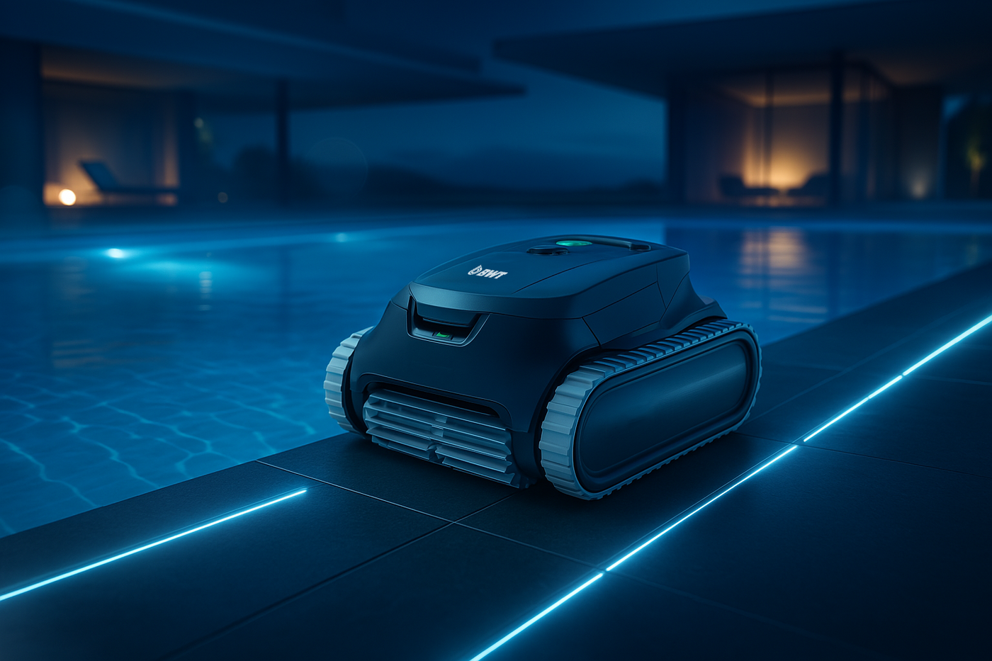 Robot pulitore per piscine su bordo piscina illuminato di notte.