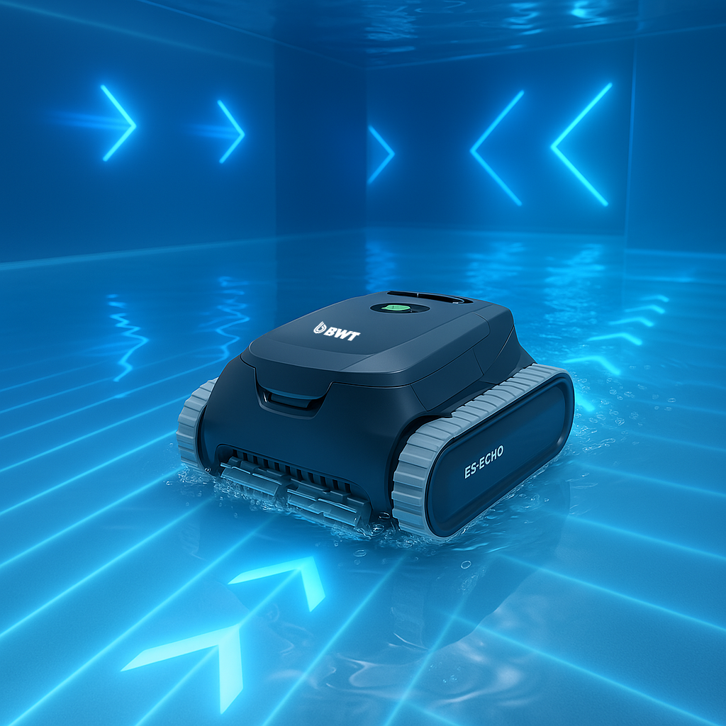 Robot pulitore per piscine blu su sfondo con frecce luminose.