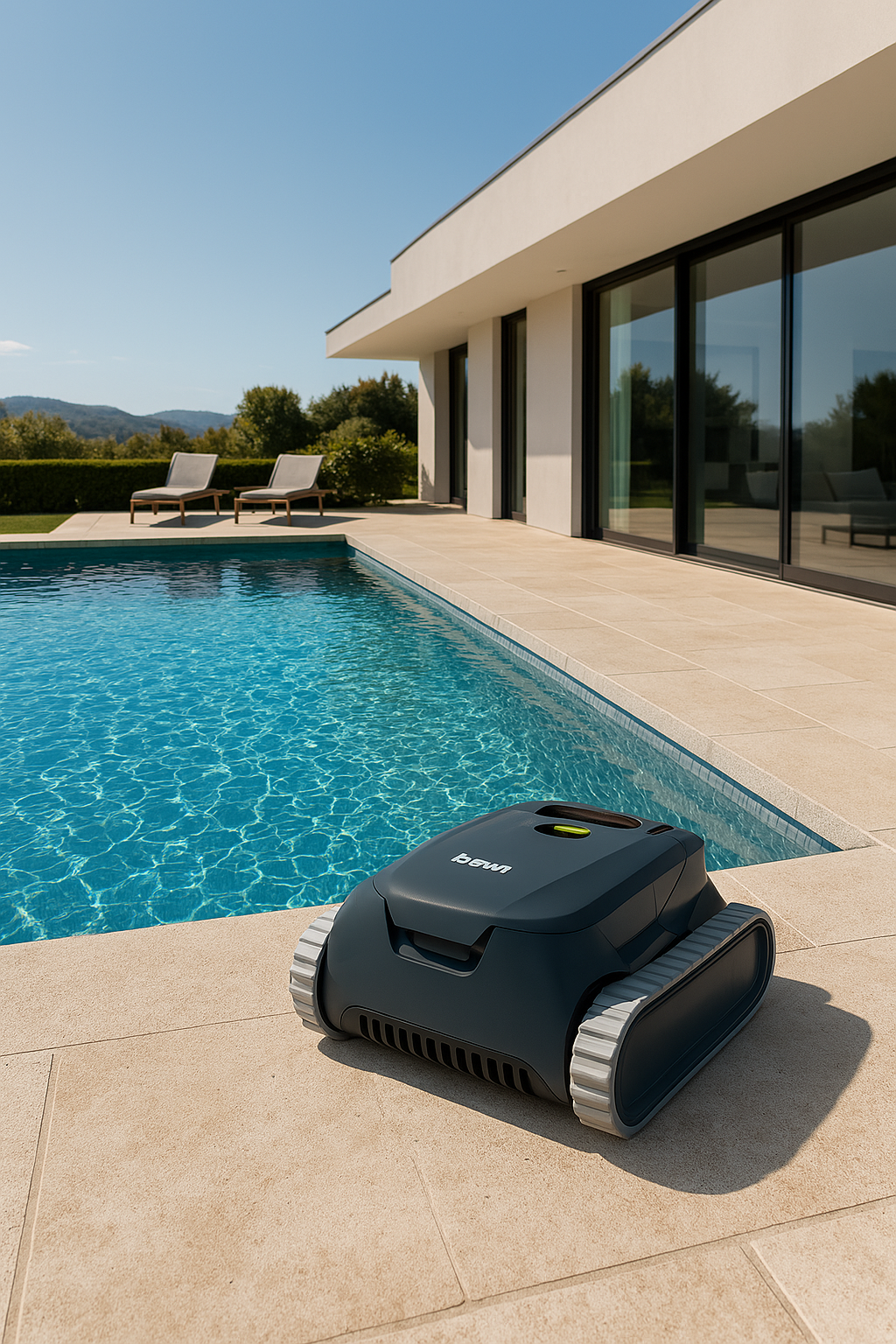 Robot piscina BWT ES Echo su bordo piscina, vista moderna con cielo sereno e lettini sullo sfondo.