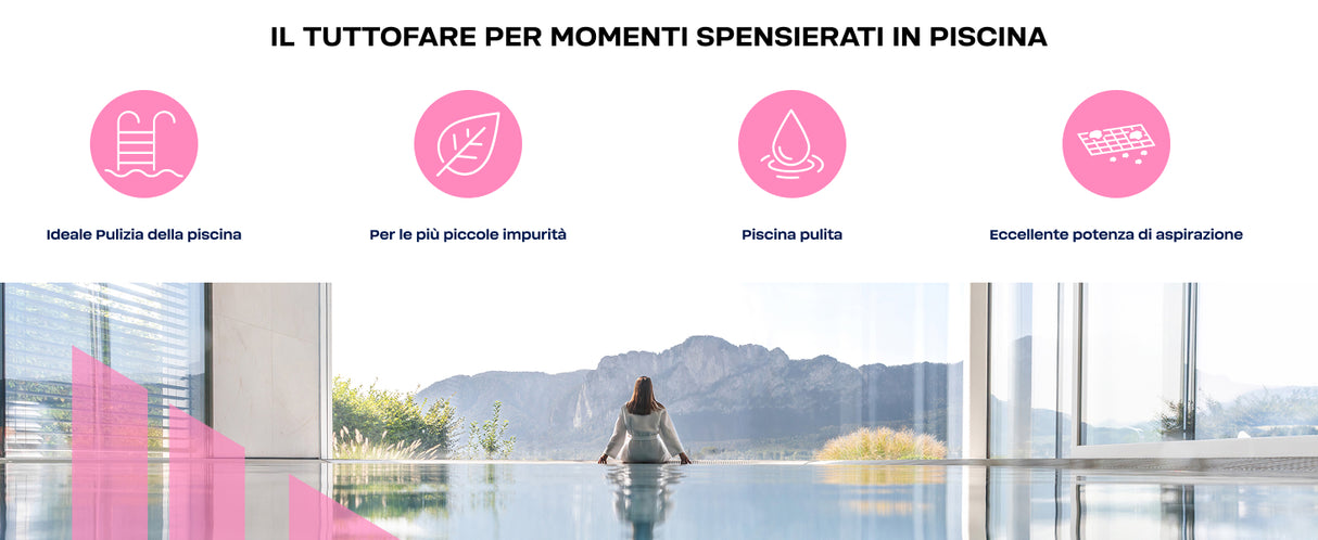 Donna seduta bordo piscina con vista montagna. Icone pulizia e potenza aspirazione sopra.