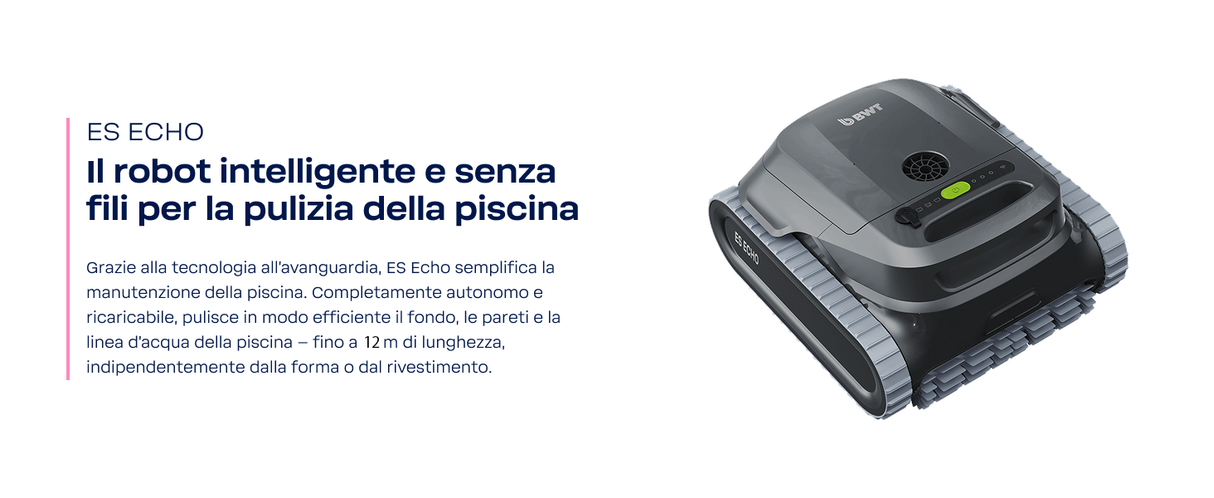 Robot piscina BWT ES Echo cordless, design grigio, su sfondo bianco.