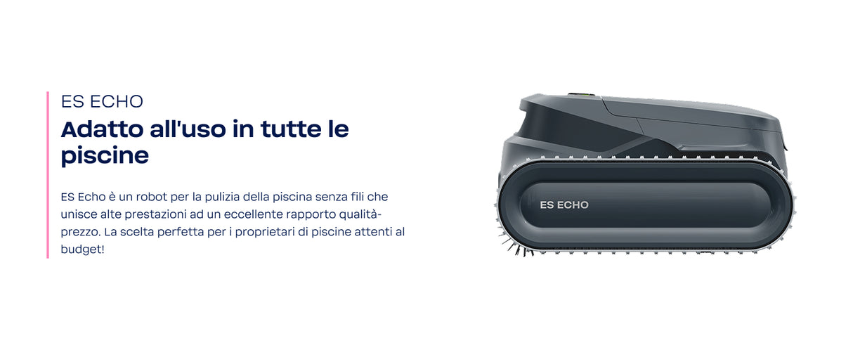 Robot piscina BWT ES Echo, design grigio, senza fili, adatto per pulizia fondo, pareti e linea d'acqua.