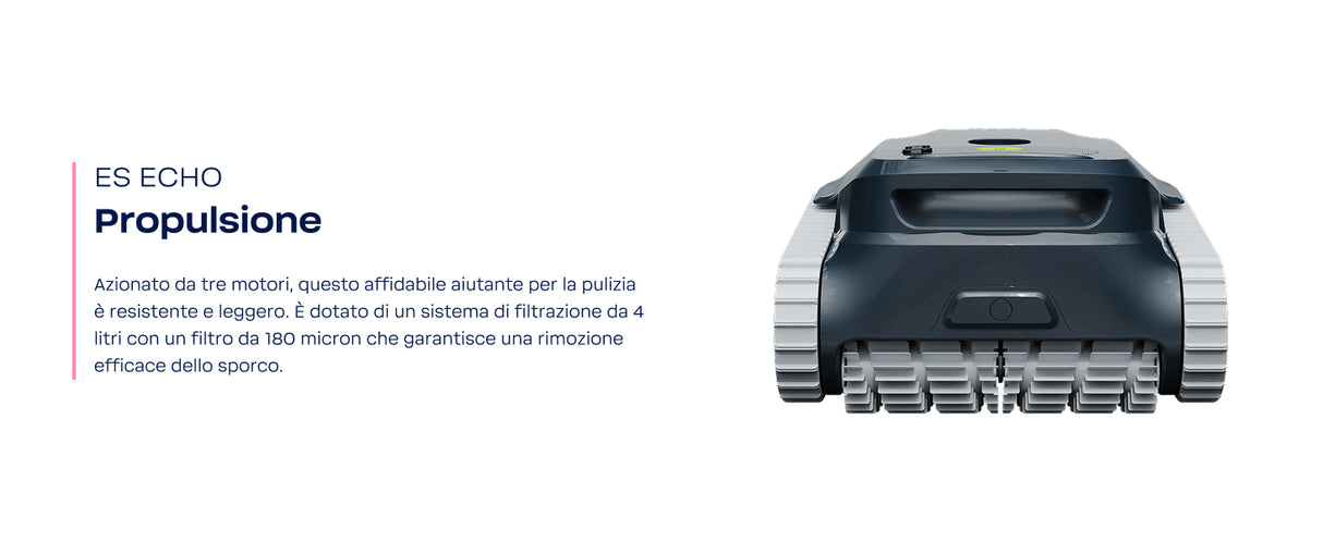 Robot piscina BWT ES Echo, vista frontale, cingoli grigi, design compatto. Testo descrittivo a sinistra.
