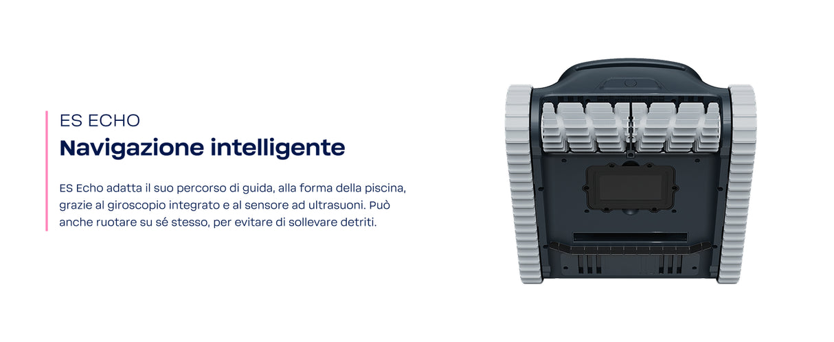 Robot piscina BWT ES Echo visto dal basso, con dettagli di spazzole e cingoli grigi.