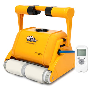 Robot piscina Dolphin Dynamic Pro X2 con radiocomando, colore giallo, per piscine fino a 25 metri.