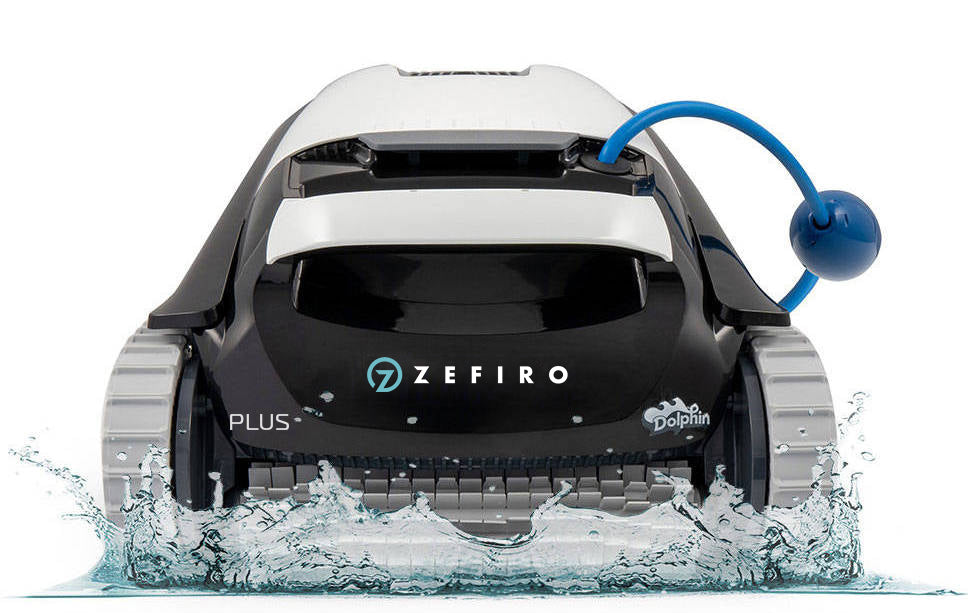 Robot piscina Dolphin My Zefiro Plus in azione, spruzzi d'acqua, adatto per fondo, pareti e linea.